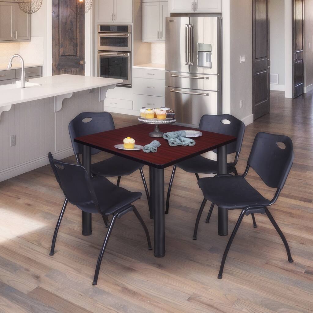 48 in. Square Breakroom Table- Mahogany/ Black & 4 'M' Stack Chairs- Black