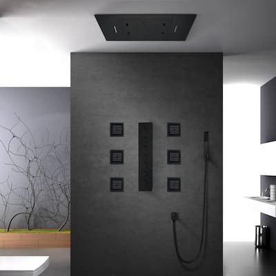 Matte Black Flushed in 31 Inch Rainfall Waterfall Bluetooth Music LED Light Shower Head 6 Functions Thermostatic Shower