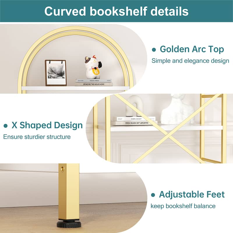 Futzca 5 Tiers Bookshelf Arched, Wooden Bookcase Display Rack