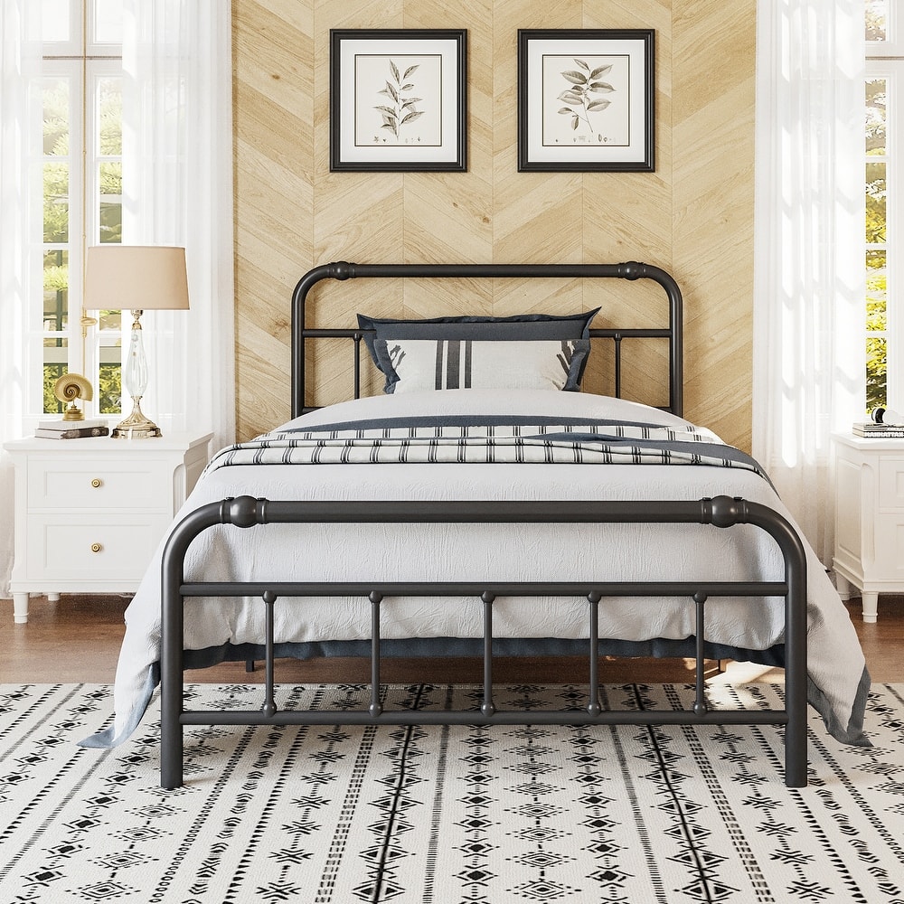 Metal Bed Frame with Victorian Style Wrought Iron-Art Headboard and Footboard