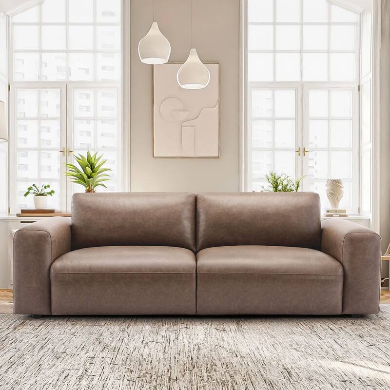 95" Oversized 3-Seater Sofa - Extra Deep Seats & Wide Arms, Down-Filled PU Leather Couch for Living Room, Apartment - Wolfgrey