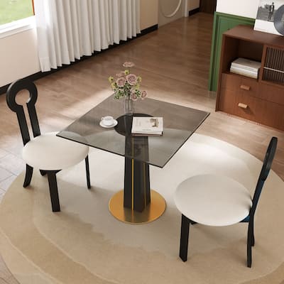 Modern Square Negotiation Table - 85cm Tempered Glass Top, Black Wooden Legs with Golden Metal Base(Only the Negotiation Table)