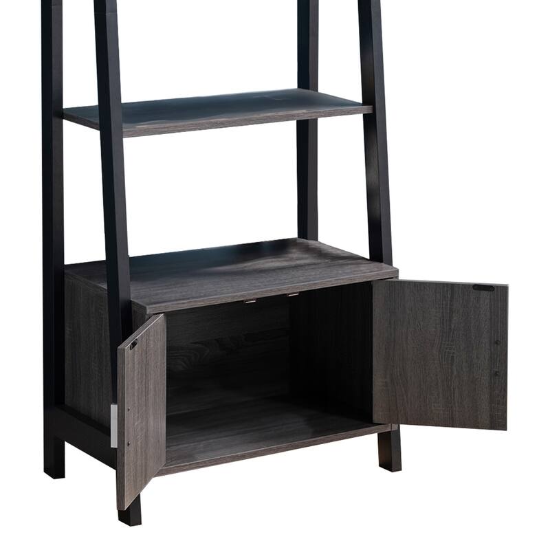 70 Inch Ladder Bookcase with Double Door Cabinet, 3 Shelves, Gray, Black