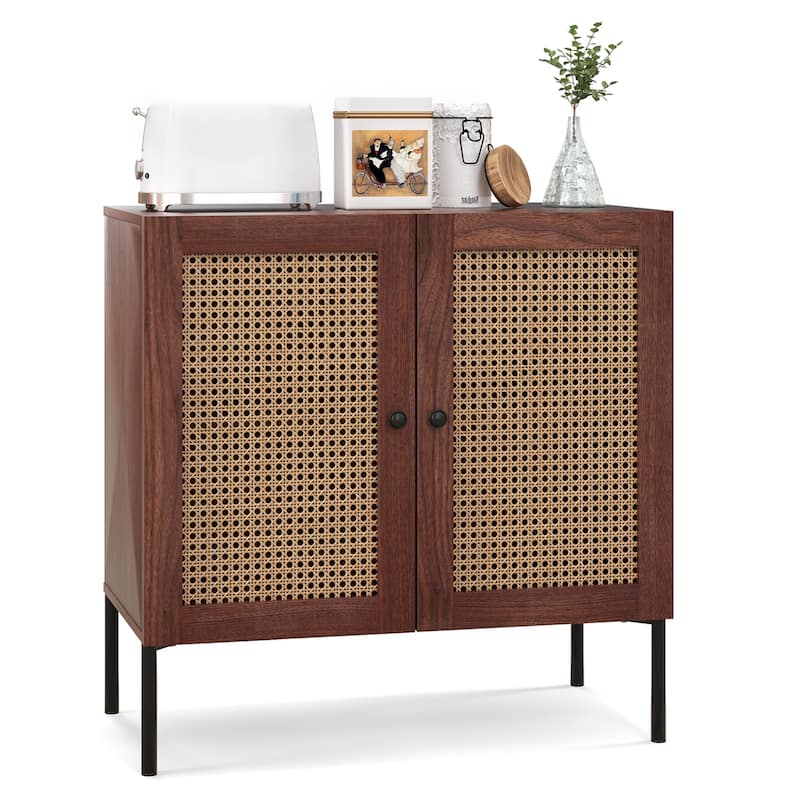 Costway Rattan Buffet Sideboard Cabinet Cupboard w/ Adjustable Shelf - See Details - Walnut