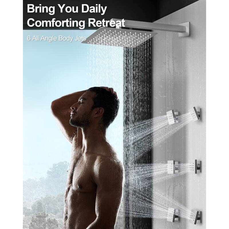 GRANDJOY Thermostatic Shower Faucet Set 12" Wall Mount Rainfall Shower Head Handheld Spray with Slide Bar Body Jets