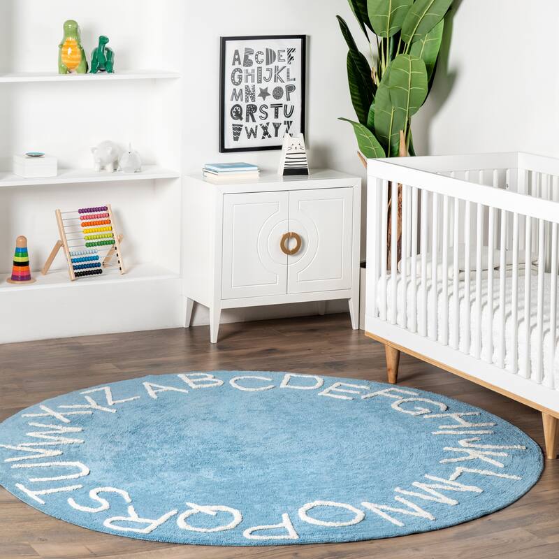 Nuloom Alphabet SpinClean Washable Round Rug - 4' Round - Light Blue - Round
