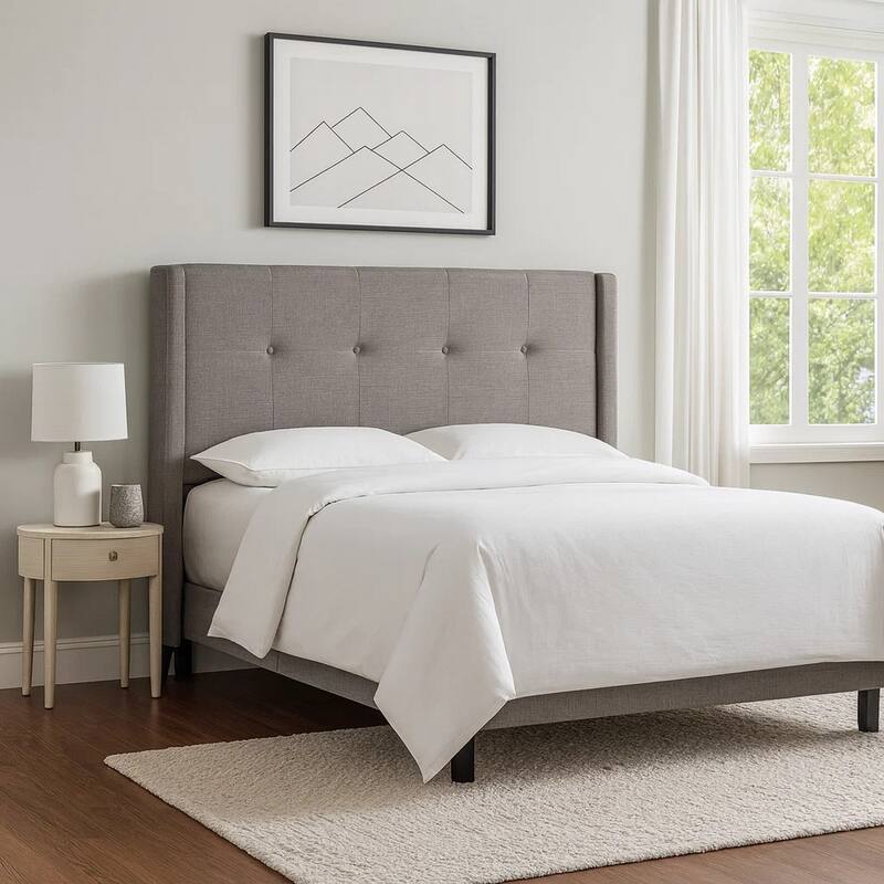 Adams California King Size Headboard, Metal Legs, Tufted Linen, Grey