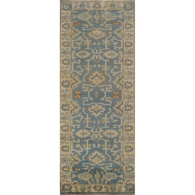 Blue Geometric Oushak Indian Runner Rug Hand-Knotted Wool Carpet - 2'7"x 7'9"