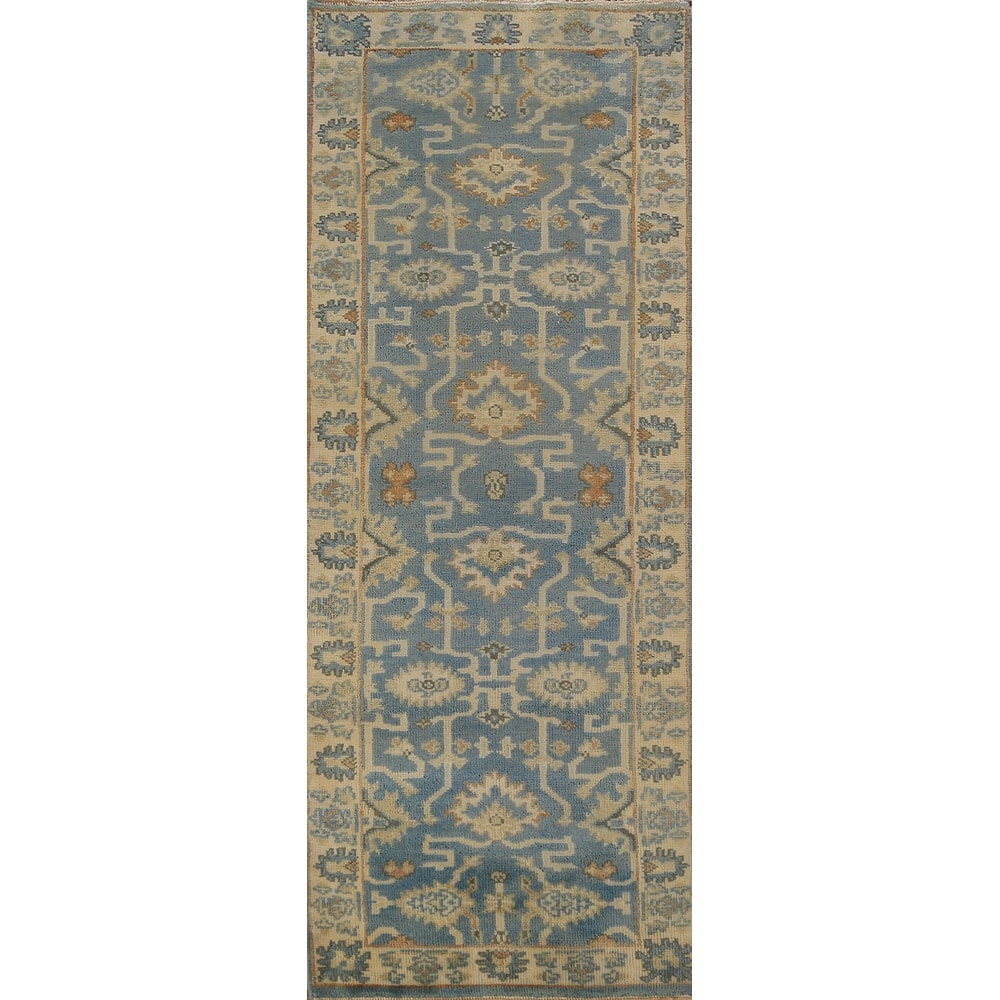 Blue Geometric Oushak Indian Runner Rug Hand-Knotted Wool Carpet - 2'7"x 7'9"