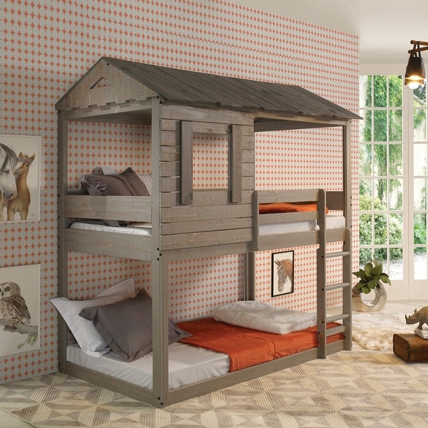 slide 2 of 5, Rustic Twin Over Twin Bunk Bed with Built-in Ladder Rustic Grey