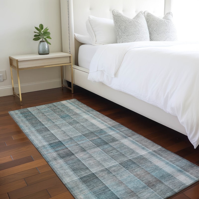 Machine Washable Indoor/ Outdoor Plaid Chantille Rug - Teal - 2'3" x 7'6"