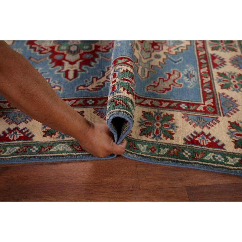 Blue Geometric Kazak Oriental Accent Rug Handmade Wool Carpet - 4'0" x 5'10"