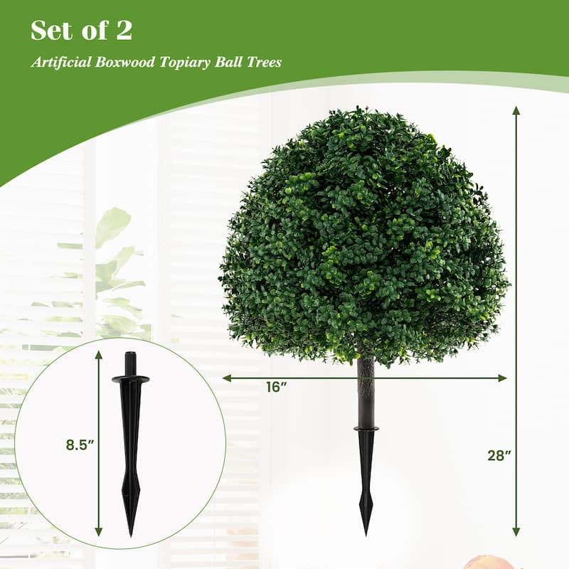 28" Artificial Boxwood Topiary Ball Tree Set of 2 with Ground Spike for Indoor Outdoor Decor - 28"H