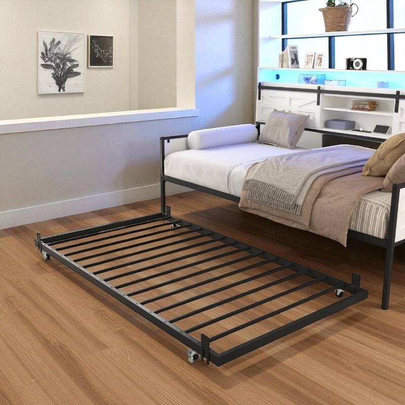 Twin Daybed with Trundle, Farmhouse Barn Door Headboard, Storage Shelf, Charging Station & LED Lights