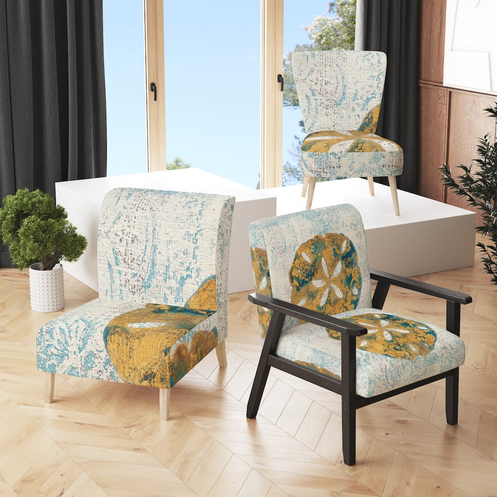 Designart "Coastal Pastel Seashells II" Upholstered VIntage Nautical Accent Chair - Arm Chair