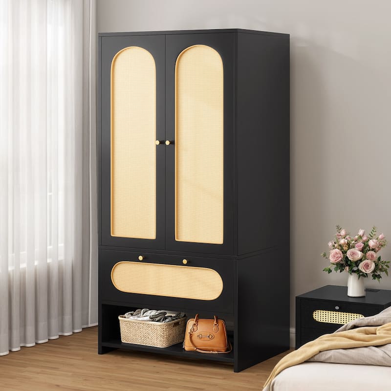 Moasis 70" Rattan Armoire Bedroom Wardrobe with Drawer & Hanging Rod