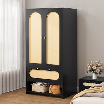 Moasis 70" Rattan Armoire Bedroom Wardrobe with Drawer & Hanging Rod