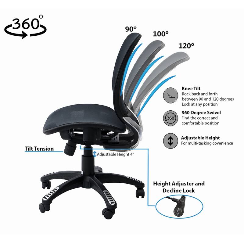 ErgoMax Fully Meshed Ergonomic Height Adjustable Black Office Chair no Armrests & no Headrest, 42 Inch Max Height