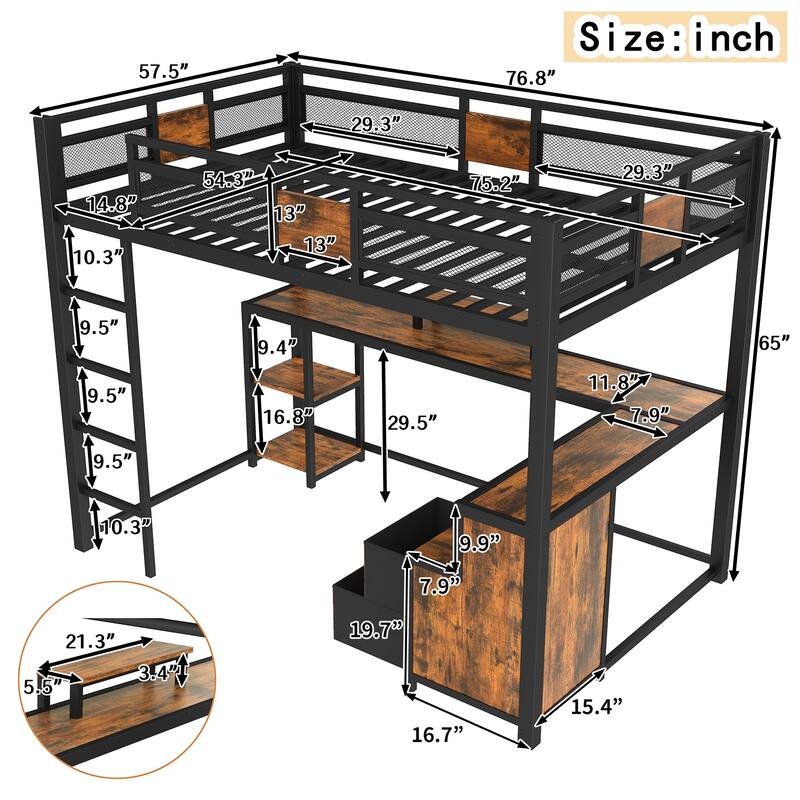 Roomfitters Full Metal Loft Bed with Desk and Fabric Drawers, Heavy Duty Frame with Ladders, Black