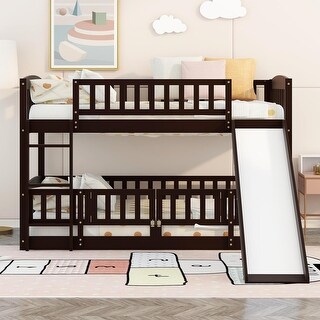Twin Over Twin Low Bunk Bed with Fence and Ladder