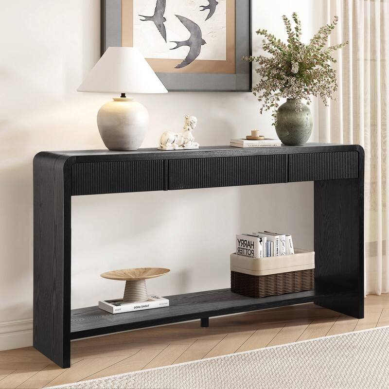Modern 59" Console Table with 3 Drawers, Vertical Slats and Round Edge Design for Entryway or Hallway