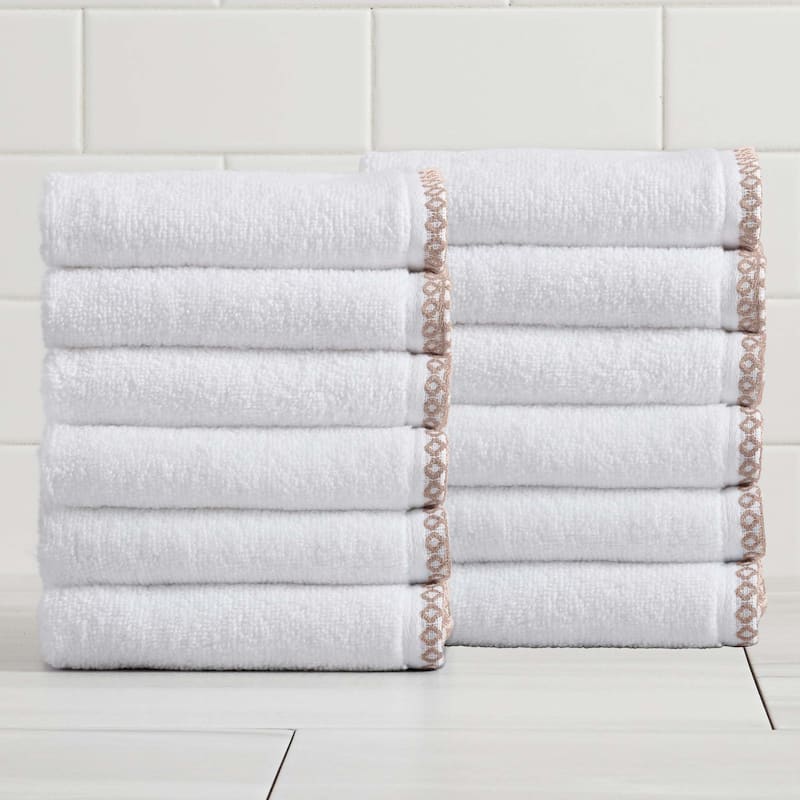 Linery & Co. Quick-Dry Cotton and Decorative Border Towel Set - Washcloth (Pack of 12) - White / Rosewood