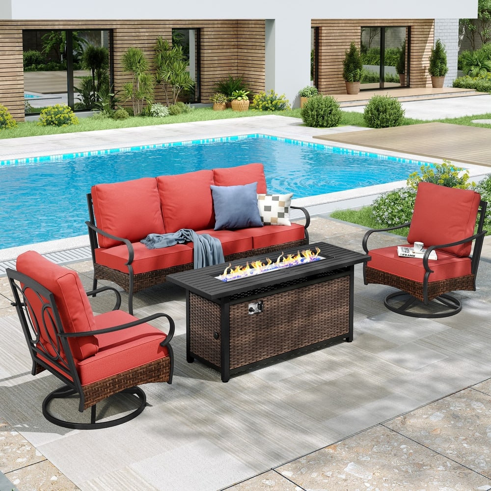MAISON ARTS Patio Furniture Set with 56" Fire Pit Table, Deep Seating Sofa & Swivel, Rocking, and Fixed Chairs (5 Seats, Beige)