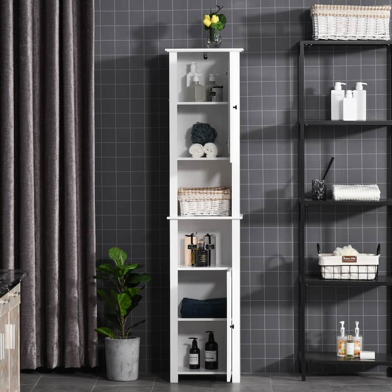 HOMCOM Tall Bathroom Storage Cabinet, Freestanding Linen Tower with 2-Tier Shelf and 2 Cupboards, White