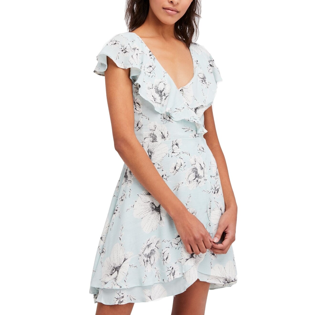 Free People Blue Women S Size Medium M Floral Ruffle Wrap Dress