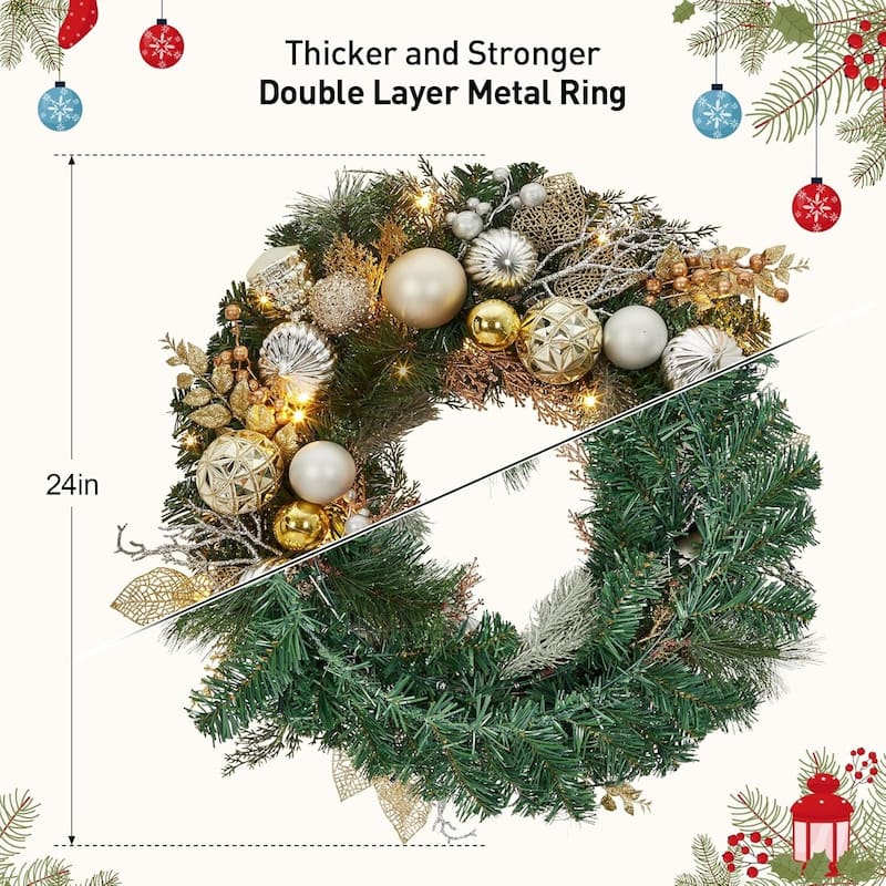 24 Inch Lighted Christmas Wreath for Front Door Decor - N/A