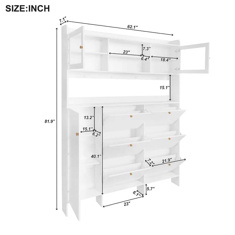Large Hall Tree Shoe Cabinet with 6 Flip Drawers, Tempered Glass Doors & 4 Hooks, 62.1W Entryway Storage