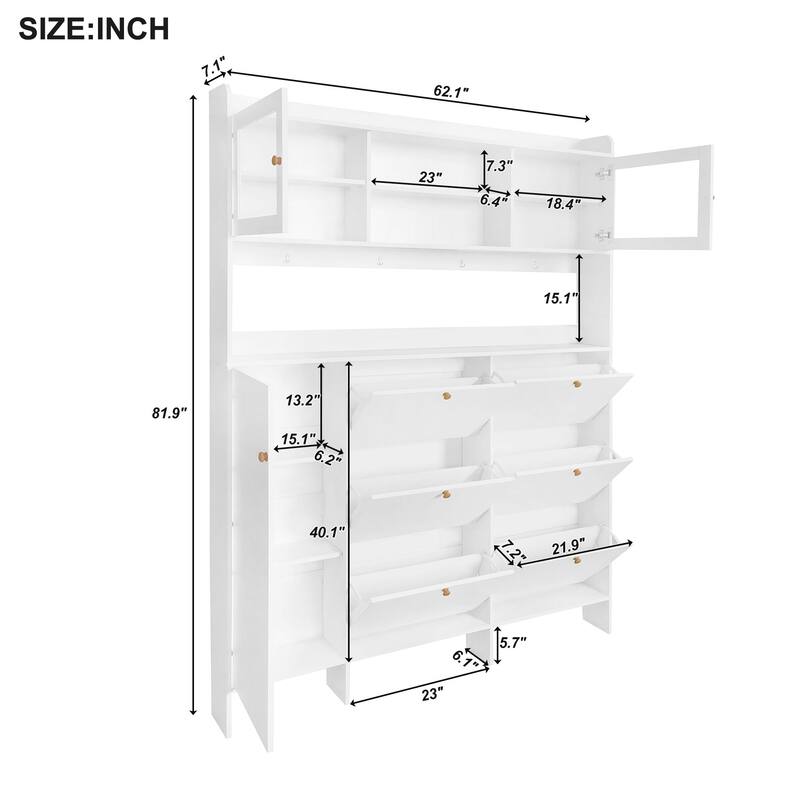 Sophisticated Shoe Cabinet with 6 Flip Drawers, 4 Hooks, Glass Doors