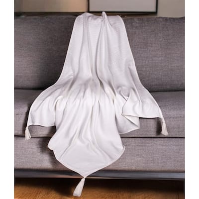 HomeRoots 60" X 50" White Woven Cotton Throw Blanket