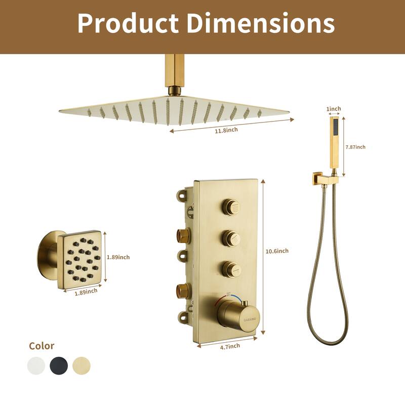 3 Functions 12 Inch Ceiling Mounted Thermostatic Shower System in Brushed Gold
