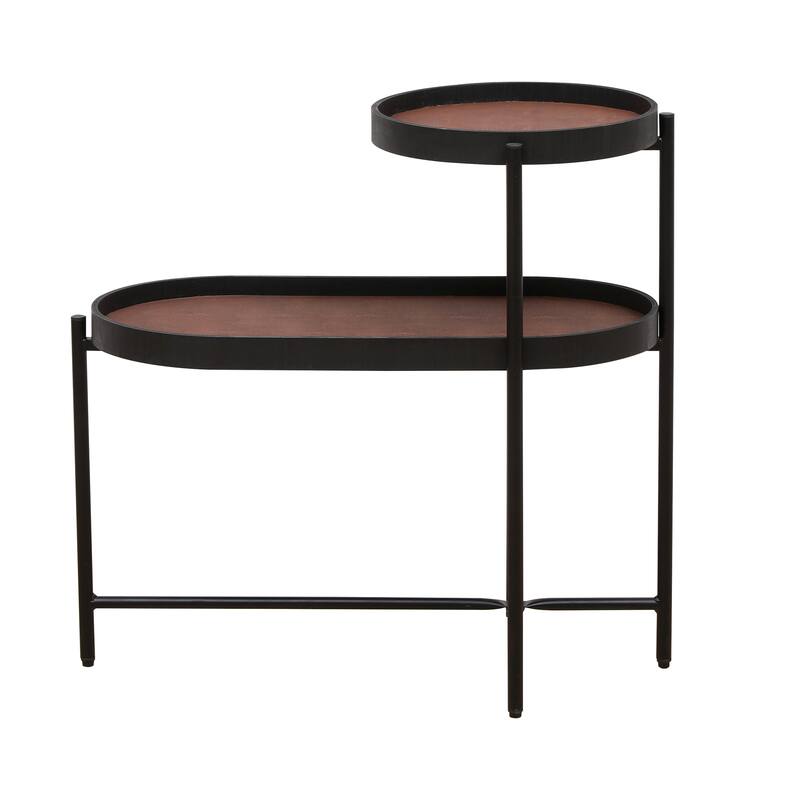 2-Tier Side Table with Black Metal Frame, Wooden Desk End Table, Storage Sofa Table for Living Room