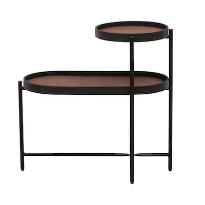 2-Tier Side Table with Black Metal Frame, Wooden Desk End Table, Storage Sofa Table for Living Room
