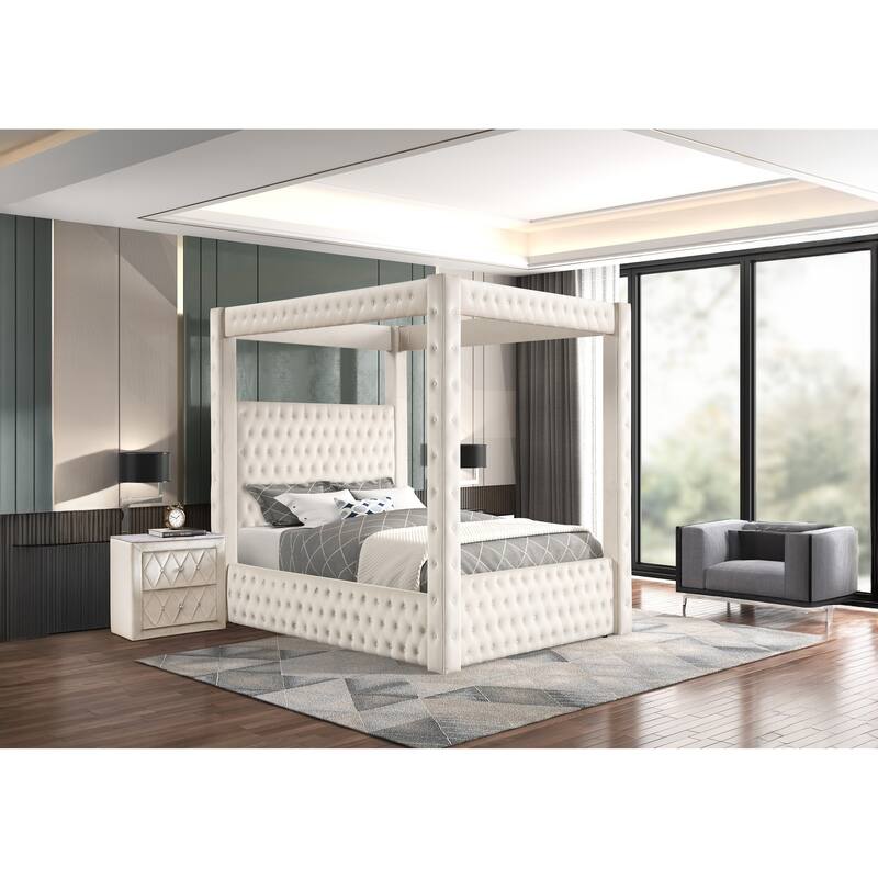 1pc Ivory Nightstand Upholstery Fabric Faux Marble Top Two Storage Drawers Wooden Bedroom Furniture