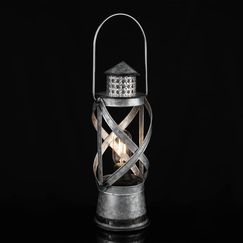 Alpine Corporation 15"H Indoor/Outdoor Vintage Metal Lantern with LED Lights, Silver