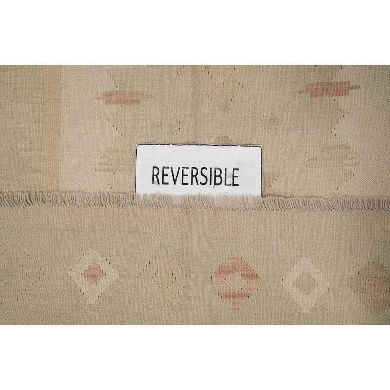 Hand Woven Oriental 100% Wool Carpet Southwestern Tribal Beige & Ivories Kilim Area Rug - 9' 8'' X 6' 7''