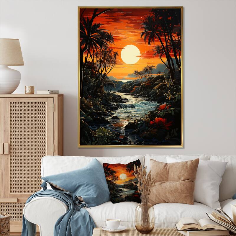 Designart "Palm Trees Tropical Pointillism VI" Palms & Palm Trees Framed Canvas Art Print - Gold - 34 in. wide x 44 in. high