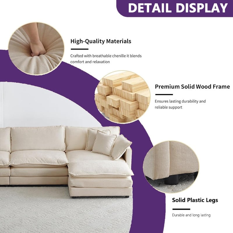 Modern Living Room Set, Upholstered Chenille Sofa with Pillows for Living Room, Chenille