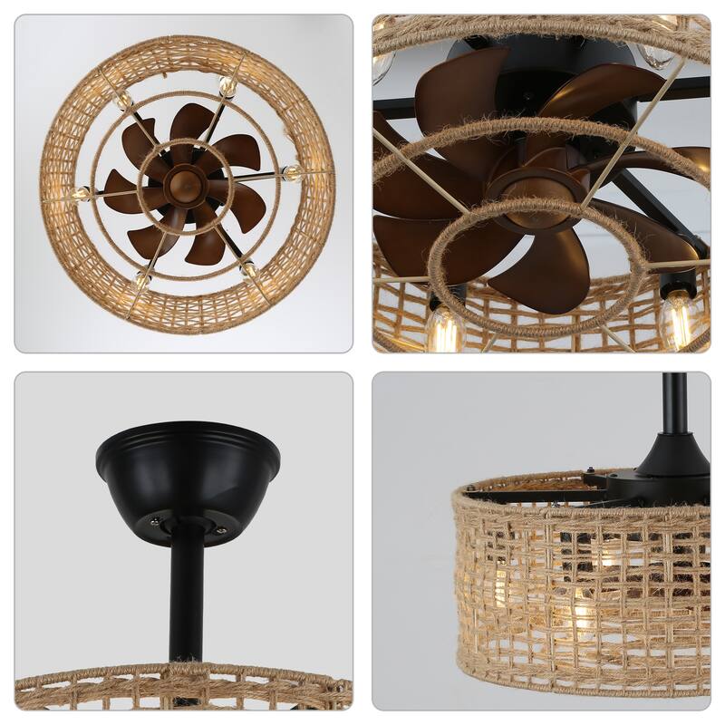 Bella Depot 18" Rustic Ceiling Fan, Rope Woven Caged Ceiling Fan with Light and Remote for Dining Room Bedroom - 18 Inches