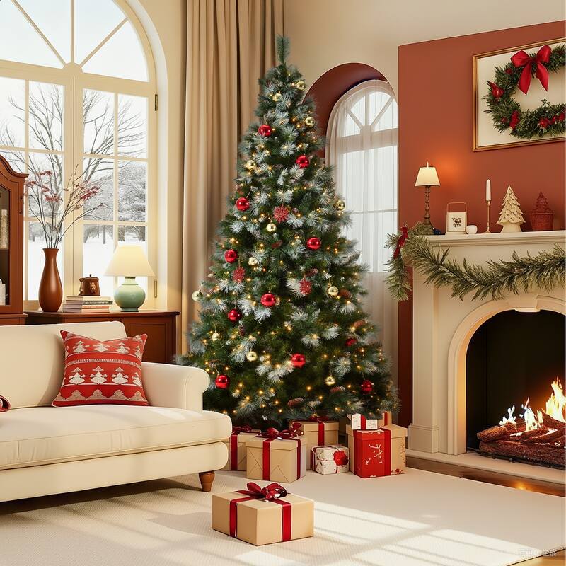 EROMMY 7.5ft Pre-lit Christmas Tree with 500 Lights, Snow-Flocked Artificial Tree with Pine Cones and Ornaments - 7.5 Foot