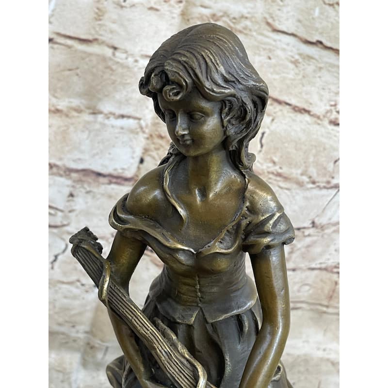 Young Girl With Guitar Musical Instrument Musician Bronze Statue Sculpture Figure 13 Inches X 6.5 Inches
