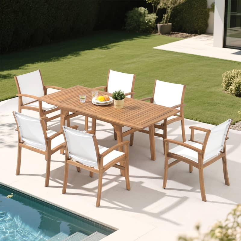 Outdoor 6-Person Acacia Wood Chair Set with Extendable Wooden Table - White