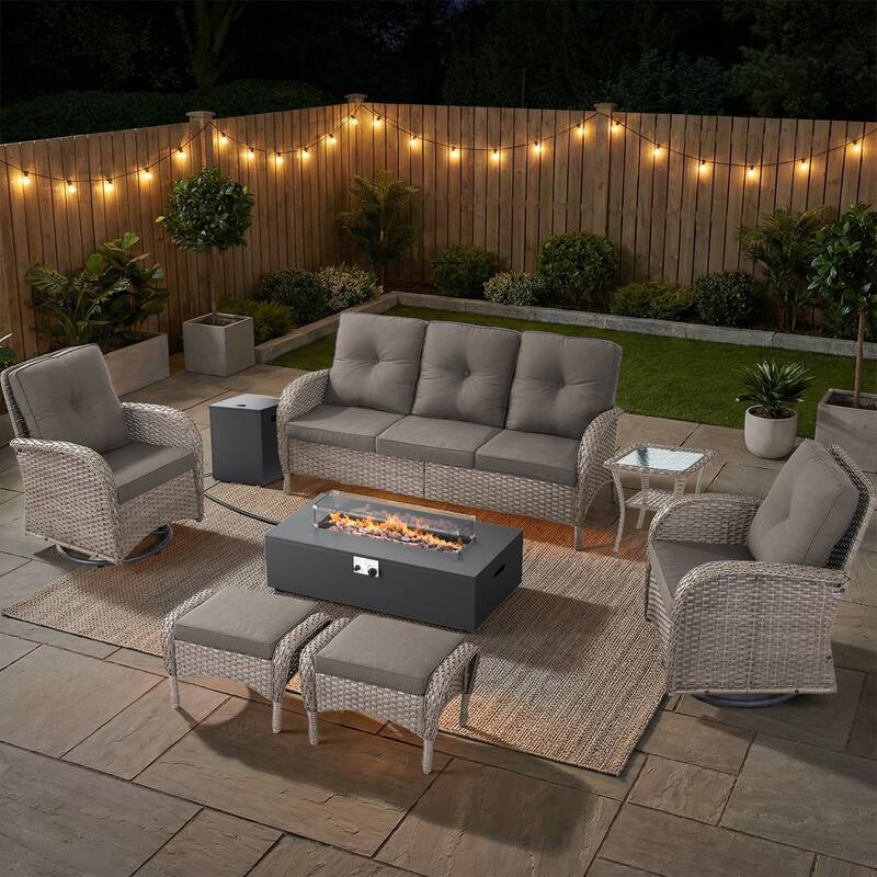 Pocassy 5/7 Piece Sofa Swivel Chair Ottoman with Fire Pit Table - Gray Wicker Gray Cushion - 7-Piece Sofa Swivel Chair Ottoman with Fire Table