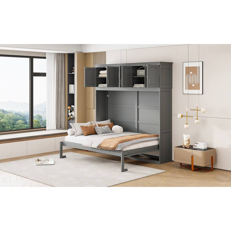 Roomfitters Wall Murphy Bed with Overhead Storage Cabinets - Grey - Full