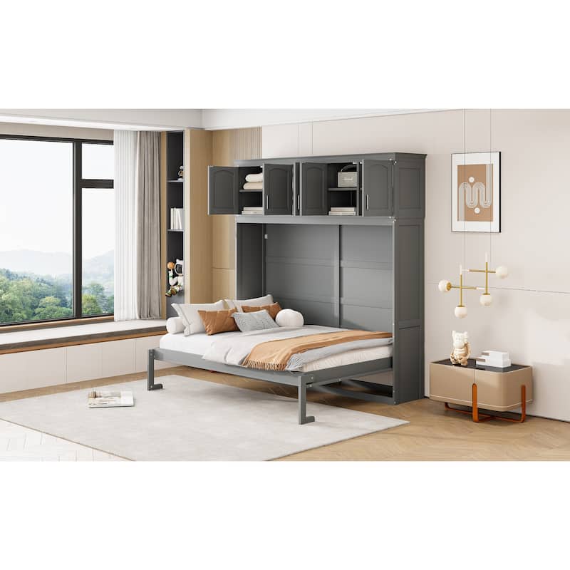 Space-Saving Full Size Wall Bed with Top Cabinets, Gray