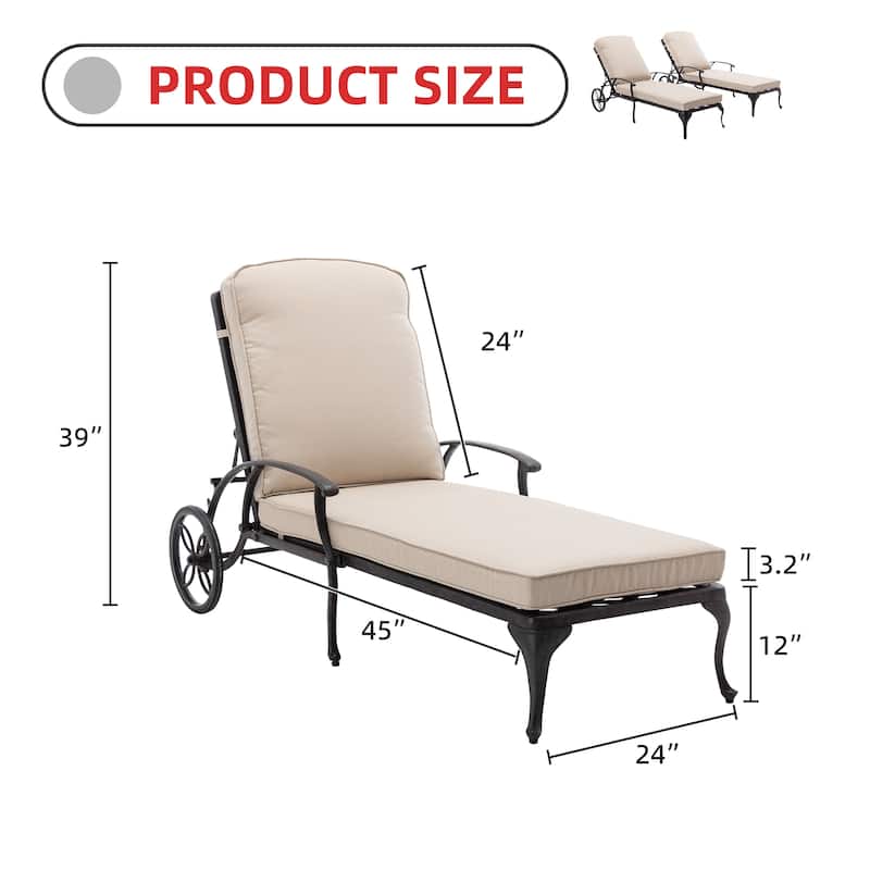 Aluminum Reclining Outdoor Chaise Lounge with Wheels and Cushions(set of 2)