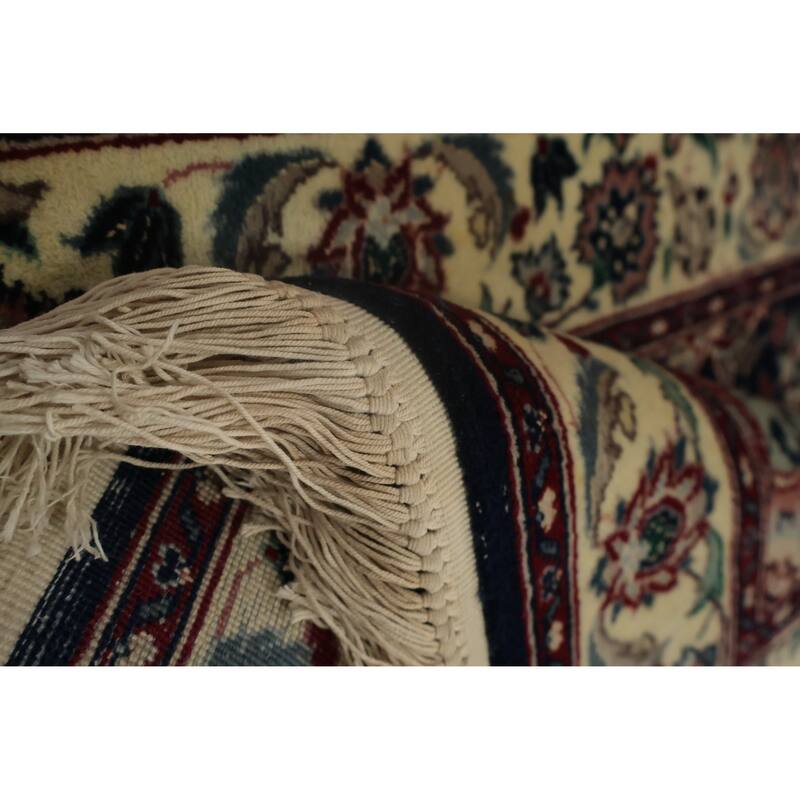 Hand Knotted Oriental 100% Wool Carpet Traditional Floral Navy Blue & Blues Kashan Runner Rug - 13' 10'' X 2' 7''